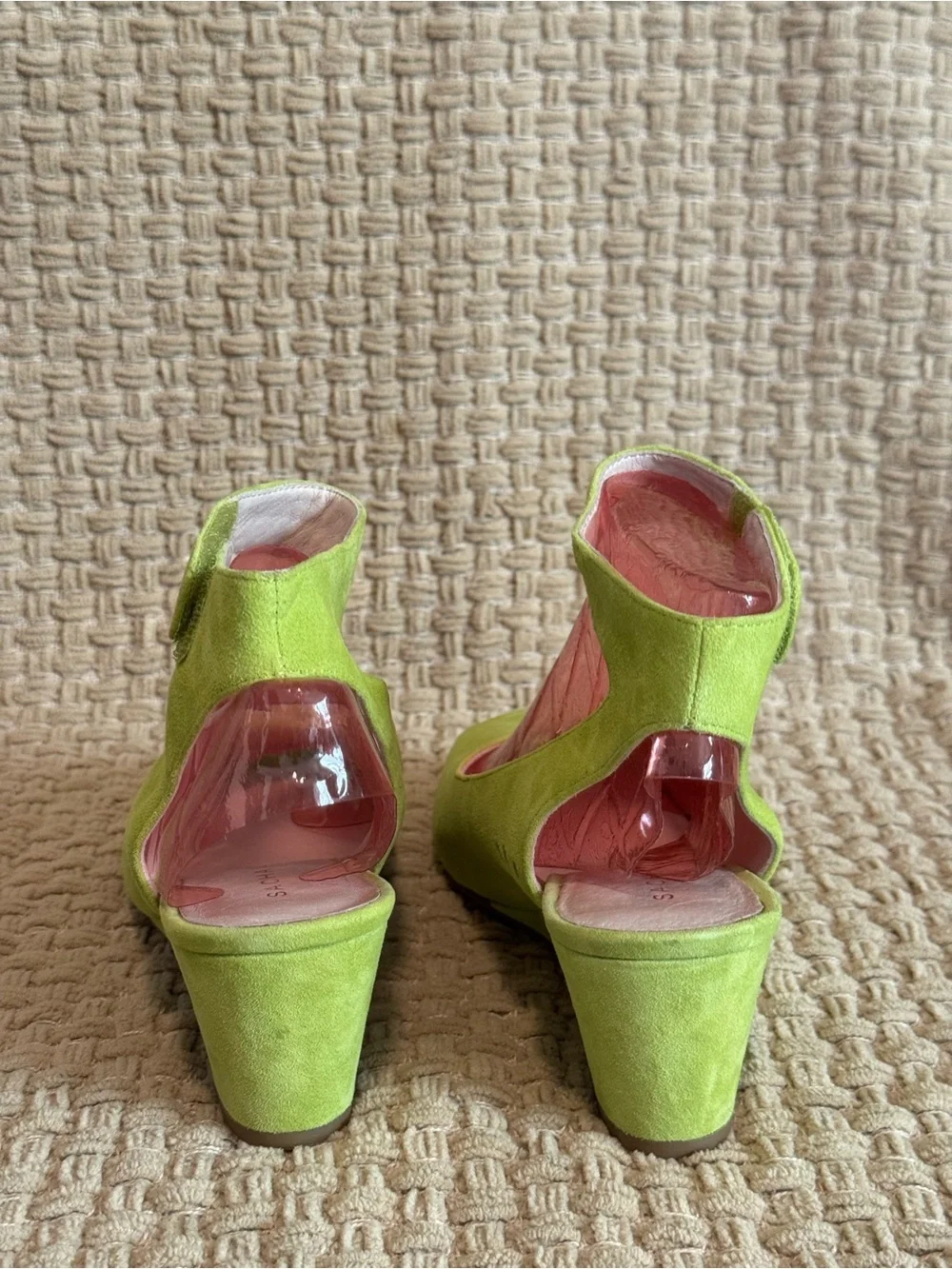 Sacha London Lime Green Suede Peep-Toe Wedge Sandals
